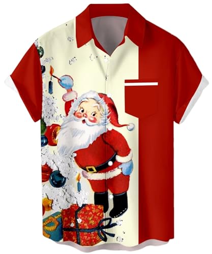 Lzzidou Herren Vintage Bowling Shirt 1950er Retro Rockabilly Stil Kurzarm Button Down Musik Hawaii Hemden, Weihnachtsmann, Klein von Lzzidou