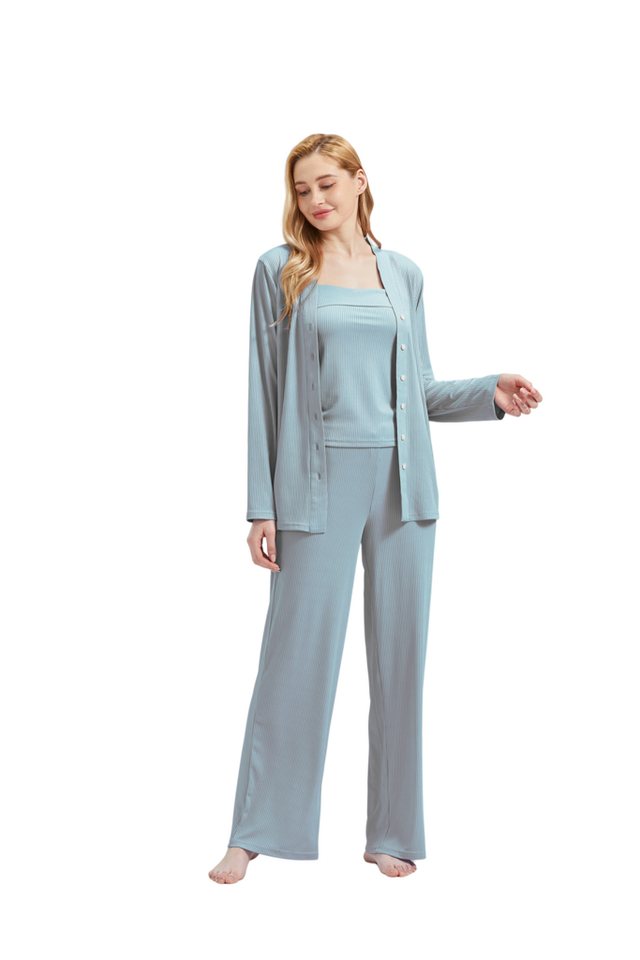 M-Diamant Schlafanzug Damen Pyjama-Set Damenwäsche V-Ausschnitt 3 teilig (Set, 3 tlg) 3-teiliges Set: Jacke mit V-Ausschnitt und Knöpfen, Trägertop und Hose von M-Diamant