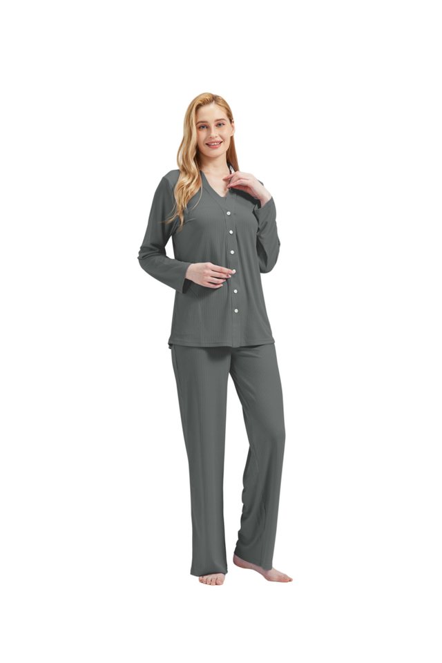 M-Diamant Schlafanzug Damen Pyjama-Set Damenwäsche V-Ausschnitt 3 teilig (Set, 3 tlg) 3-teiliges Set: Jacke mit V-Ausschnitt und Knöpfen, Trägertop und Hose von M-Diamant