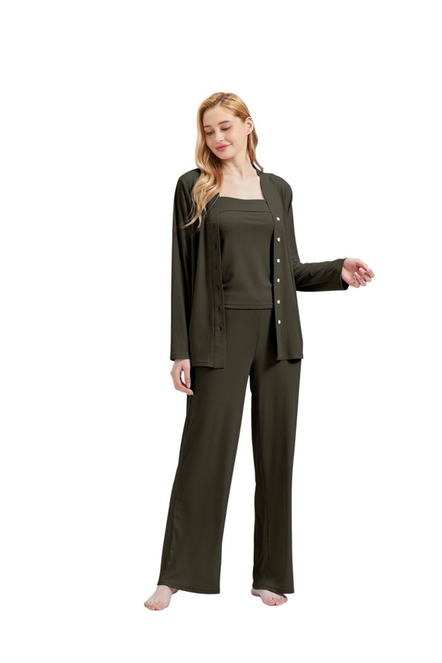 M-Diamant Schlafanzug Damen Pyjama-Set Damenwäsche V-Ausschnitt 3 teilig (Set, 3 tlg) 3-teiliges Set: Jacke mit V-Ausschnitt und Knöpfen, Trägertop und Hose von M-Diamant