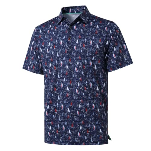 Golf-Shirts für Herren, trockene Passform, kurzärmelig, bedruckt, feuchtigkeitsableitend, Poloshirt, Marineblaues Segelboot, L von M MAELREG