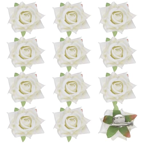 M METERXITY 12er-Pack Rosenhaarklammern, 6,5 cm Blumenhaarnadel Stoff-Blumenbrosche für Braut-Hochzeit/Frauen-Haarschmuck, Blumenhaarnadeln [6,5 cm, Beige] von M METERXITY