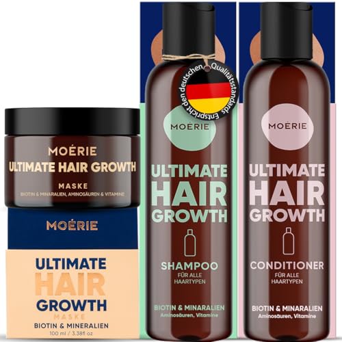 MOERIE Shampoo Set 3-teilig - Haarwachstum Shampoo, Conditioner & Haarmaske gegen Haarausfall - natürlich Haarwachstum beschleunigen - Veganes Haarwuchsmittel Frauen & Männer - Mineralien & Coffein von Moerie