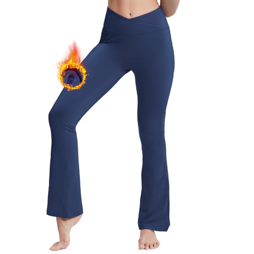 M MOTEEPI Bootcut Hosen Schlaghose Damen Fleece Yogahose Damen Winter Jogginghose High Waist Flared Leggings Crossover-Bund Yoga Pants Damen mit 2 Hinten Taschen Hohe Taille Yoga-Hosen Dunkelblau L von M MOTEEPI