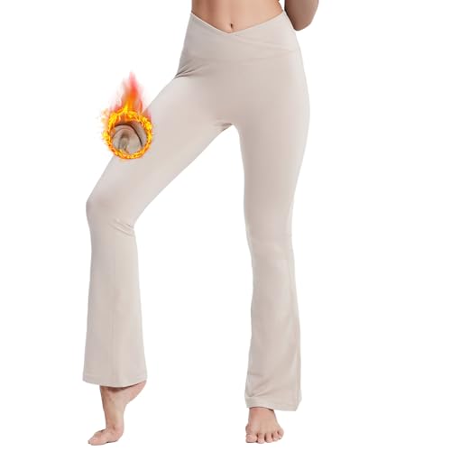 M MOTEEPI Bootcut Hosen Schlaghose Damen Fleece Yogahose Damen Winter Jogginghose High Waist Flared Leggings Crossover-Bund Yoga Pants Damen mit 2 Hinten Taschen Hohe Taille Yoga-Hosen Khaki L von M MOTEEPI