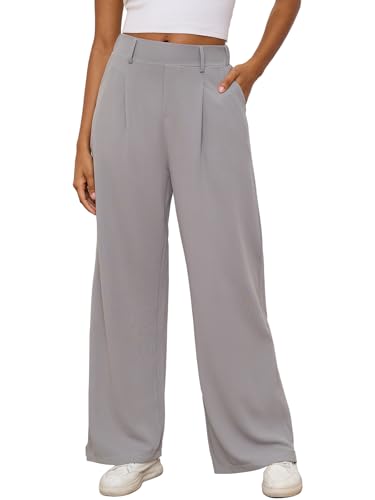M MOTEEPI Hosen Damen Weite Hose Grau Palazzo Hose Stoffhose Elegant Freizeithose Weites Bein Damen mit elastischem Bund Business S von M MOTEEPI