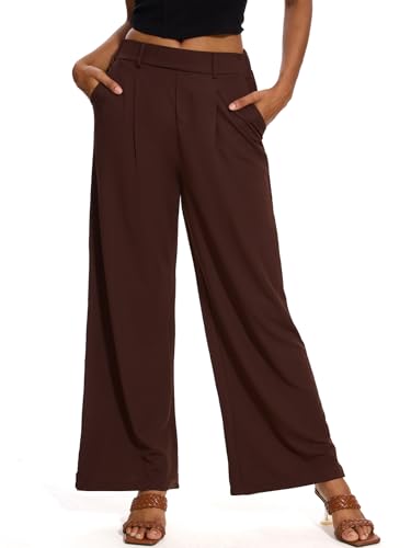 M MOTEEPI Damen Palazzo Hose Kaffee XL Locker Plissiert Elastischer Bund Elegant Freizeithose Business von M MOTEEPI