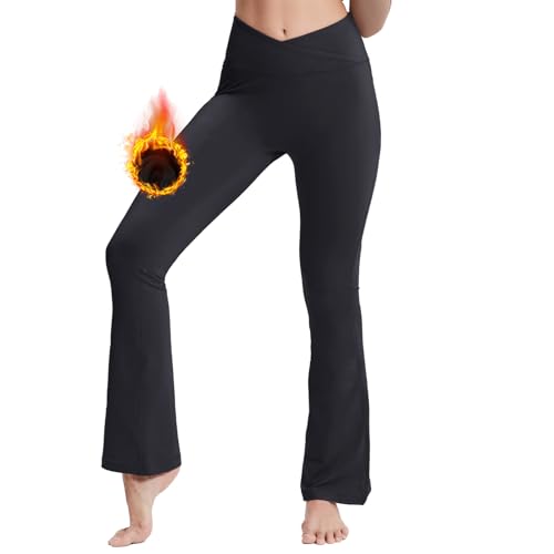 M MOTEEPI Schlaghose Damen mit Fleece Winter Yogahose Damen Jogginghose mit 2 Hinten Taschen Flared Leggings Yoga Pants Damen Bootcut Hosen Damen Crossover-Bund Hohe Taille Schlaghosen Schwarz S von M MOTEEPI
