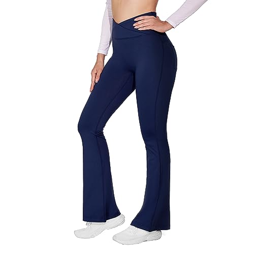 M MOTEEPI Yogahose Damen Flare Schlaghose Hohe Taille Bootcut Pilates Bauchkontrolle Büro Stretch Hose Elegante Jazzpants Workout Leggings mit Taschen Dark Blue M von M MOTEEPI