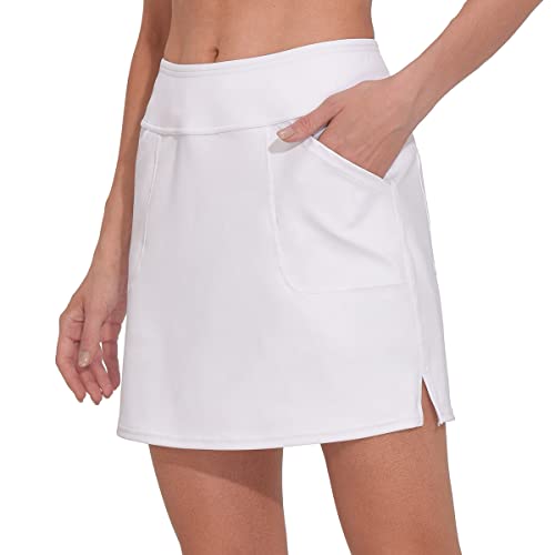 M MOTEEPI Tennisrock Damen 16'' Rock Mit Hose Drunter Skort Damen Skirt Mit 4 Taschen Golfrock Sportrock Damen Hohe Taille Sommer Röcke Innerer Kurzer Hose Weiß L von M MOTEEPI
