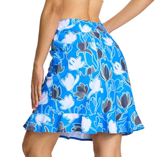 M MOTEEPI Tennisrock Damen 20'' Hosenrock Rock mit Hose Drunter Knielang Ruffle Skort Hohe Taille Sportrock Wanderrock mit Taschen Innenshorts Golfrock Kurze Sommerrock Röcke Blaue Blume M von M MOTEEPI