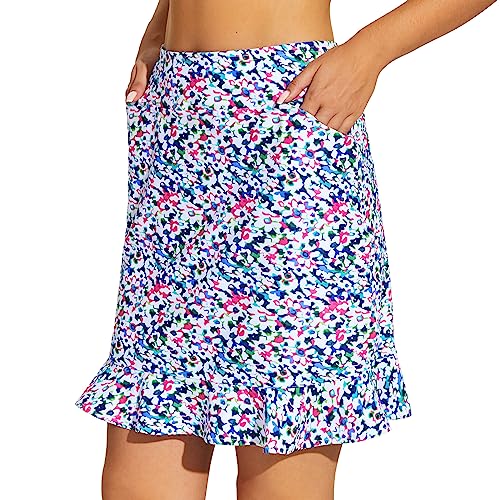 M MOTEEPI Tennisrock Damen 20'' Hosenrock Rock mit Hose Drunter Knielang Ruffle Skort Hohe Taille Sportrock Wanderrock mit Taschen Innenshorts Golfrock Kurze Sommerrock Röcke Bunte Blumen XXL von M MOTEEPI