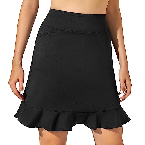 M MOTEEPI Tennisrock Damen 20'' Hosenrock Rock mit Hose Drunter Knielang Ruffle Skort Hohe Taille Sportrock Wanderrock mit Taschen Innenshorts Golfrock Kurze Sommerrock Röcke Fahrradrock Schwarz 3XL von M MOTEEPI