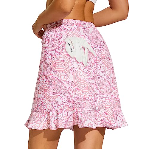 M MOTEEPI Tennisrock Damen 20'' Hosenrock Rock mit Hose Drunter Knielang Ruffle Skort Hohe Taille Sportrock Wanderrock mit Taschen Innenshorts Golfrock Kurze Sommerrock Röcke Kristall-Rosa 3XL von M MOTEEPI