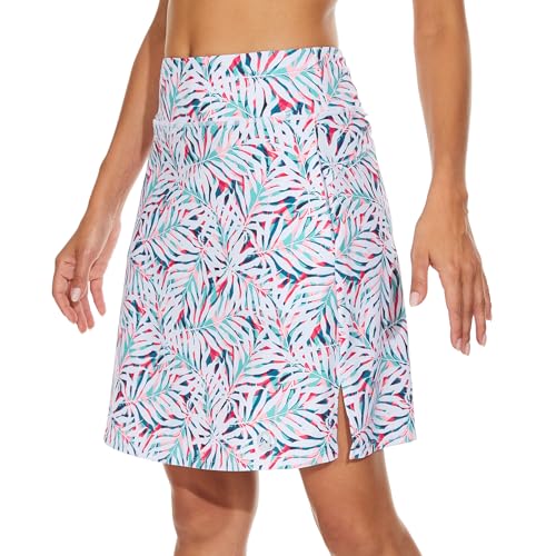 M MOTEEPI Tennisrock Damen 20'' Knielang Mit Hose Drunter Hohe Taille Hosenrock Skort Skirt for Women Golfrock Sportrock Midi Sommer Mit Taschen Innenshorts Rosa Blatt L von M MOTEEPI