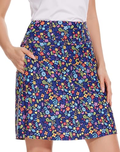 M MOTEEPI Tennisrock Damen 20'' Knielang Rock Mit Hose Drunter Damen Hohe Taille Hosenrock Skort Skirt for Women Golfrock Sportrock Blue Multi-Flowers L von M MOTEEPI