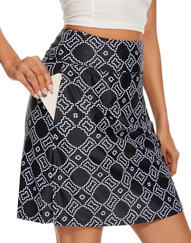 M MOTEEPI Tennisrock Damen 20'' Knielang Rock Mit Hose Drunter Damen Hohe Taille Hosenrock Skort Skirt for Women Golfrock Sportrock Innenshorts Black Geometry M von M MOTEEPI