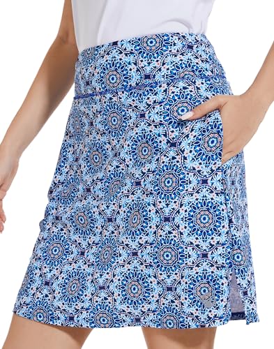 M MOTEEPI Tennisrock Damen 20'' Knielang Rock Mit Hose Drunter Damen Hohe Taille Hosenrock Skort Skirt for Women Golfrock Sportrock Innenshorts Blaue Vektorblume M von M MOTEEPI