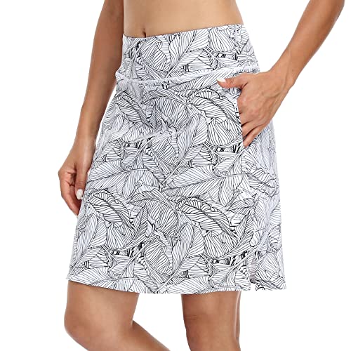M MOTEEPI Tennisrock Damen 20'' Knielang Mit Hose Drunter Hohe Taille Hosenrock Skort Skirt for Women Golfrock Sportrock Midi Sommer Mit Taschen Innenshorts Weißes Blatt S von M MOTEEPI