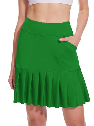 M MOTEEPI Tennisrock Damen Hosenrock Skirts Skort 19" Knielang Ruffle Saum Rock mit Hose Drunter Rock Damen Fahrradrock Golfrock Hohe Taille mit 3 Taschen Grasgrün M von M MOTEEPI