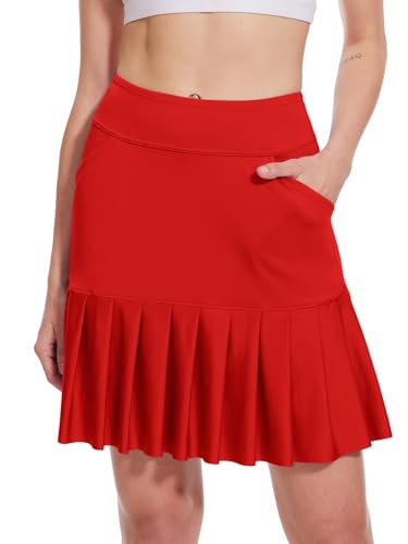 M MOTEEPI Tennisrock Damen Hosenrock Skirts Skort 19" Knielang Ruffle Saum Rock mit Hose Drunter Rock Damen Fahrradrock Golfrock Hohe Taille mit 3 Taschen Rot XL von M MOTEEPI