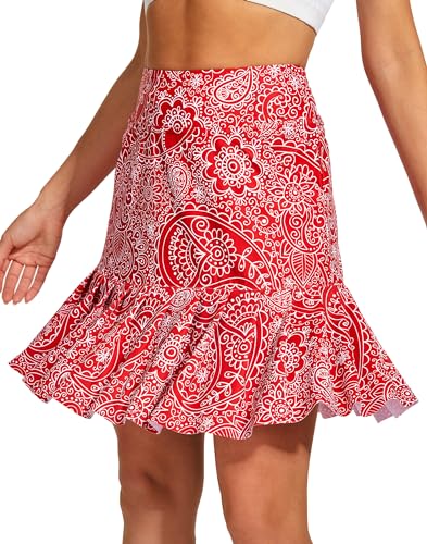M MOTEEPI Tennisrock Damen Hosenrock Skirts Skort 19" Knielang Ruffle Saum Rock mit Hose Drunter Rock Damen Fahrradrock Golfrock Hohe Taille mit 3 Taschen Rotes Paisley M von M MOTEEPI