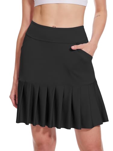 M MOTEEPI Tennisrock Damen Hosenrock Skirts Skort 19" Knielang Ruffle Saum Rock mit Hose Drunter Rock Damen Fahrradrock Golfrock Hohe Taille mit 3 Taschen Schwarz XXL von M MOTEEPI