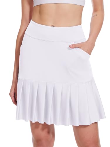 M MOTEEPI Tennisrock Damen Hosenrock Skirts Skort 19" Knielang Ruffle Saum Rock mit Hose Drunter Rock Damen Fahrradrock Golfrock Hohe Taille mit 3 Taschen Weiß XL von M MOTEEPI