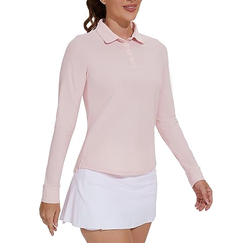Moteepi M Poloshirt Damen Langarm Poloshirts für Damen Sportshirt UPF 50+ Funktionsshirt Damen Langarmshirt Golf Polo Shirt Damen UV Shirt Damen Tennis Outfit Laufshirt mit 3 Tasten Pink 3X-Large von M MOTEEPI
