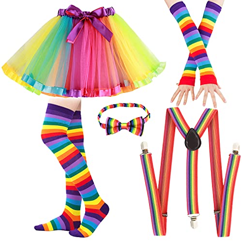 M MUNCASO 80er-Jahre-Kostüm für Mädchen, Regenbogen-Tutu-Set, Fliege, Strumpfhalter, Beinlinge, Strümpfe, Handschuhe, Damen, Erwachsene, 80er-Jahre-Kostüm-Set für Nachtparty, Cosplay, Nachtclub-Party von M MUNCASO