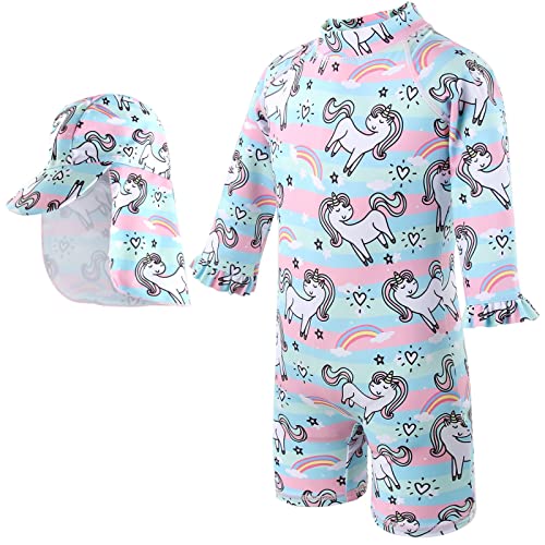 M MUNCASO Jungen Mädchen Badeanzug One Piece Kleinkinder Kinder Badeanzug mit passender Mütze Baby Neoprenanzug Beachwear (as3, Numeric, Numeric_80, Numeric_90, M, Weißes Einhorn & Regenbogen) von M MUNCASO