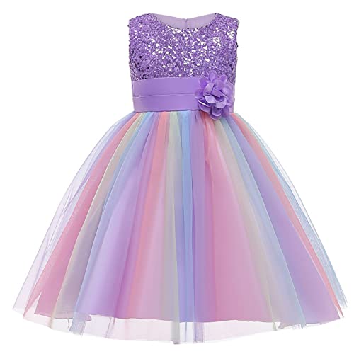 M MUNCASO Mädchen Prinzessin Kleid Pailletten Tüll Blume Regenbogen Runder Kragen Ärmelloses Abendkleid Geburtstagsfeier Hochzeit Brautjungfer Mädchen Abendkleider Kleinkind Alter für 2-13 Jahre von M MUNCASO