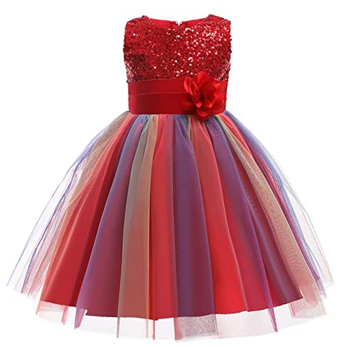 Mädchen Prinzessin Kleid Pailletten Tüll Blume Regenbogen Runder Kragen Ärmelloses Abendkleid Geburtstagsfeier Hochzeit Brautjungfer Mädchen Abendkleider Kleinkind Baby Alter für 3-9 Jahre(Rot) von M MUNCASO