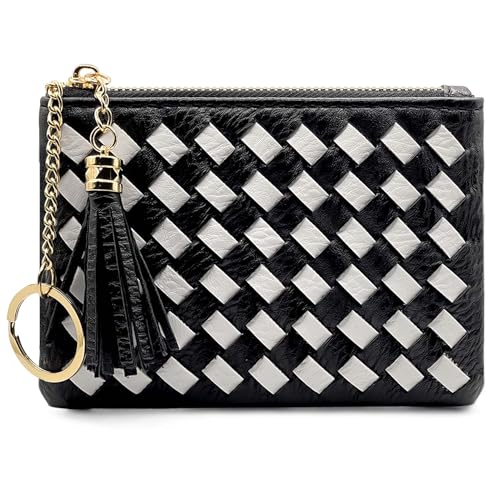 M-Plateau Gewebtes Leder Kartenetui mit Quaste Damen Kleine Geldbörse mit Schlüsselbund, Schwarz Weiß, Casual von M-Plateau