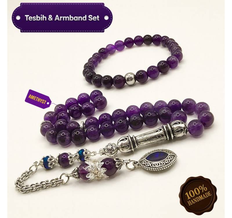 M-Punkt24 Kettenanhänger Set Tesbih Tespih Armband (Amethyst Armband & Tesbih, Set Angebot, Gebetskette, Rosary), Schmuck für Männer Misbah Subha von M-Punkt24