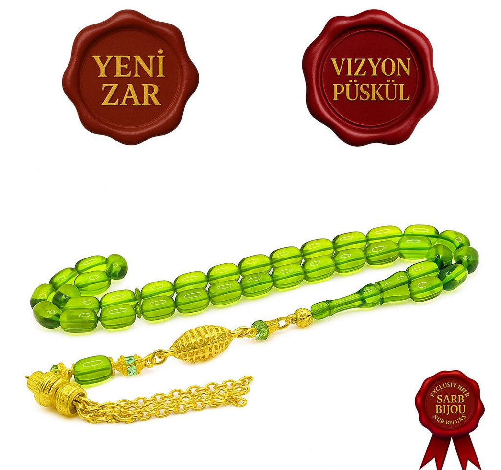 M-Punkt24 Kettenanhänger Tesbih Tespih (Grün, Yesil, Kapsül, 7x11mm, Kapsül, Gebetskette, Subha, Misbah, inkl. Etui), Vizyon Püskül Gold-Farbig von M-Punkt24