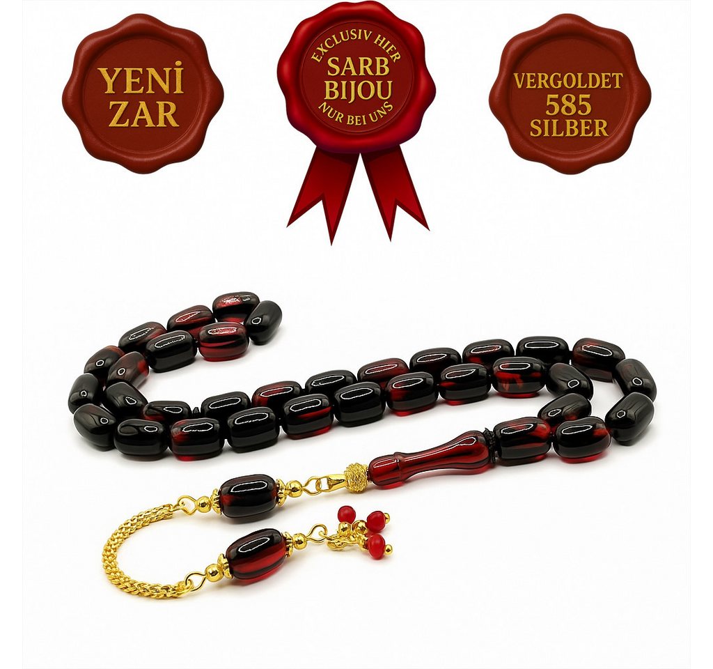 M-Punkt24 Kettenanhänger Tesbih Tespih (Rot - Schwarz, Kirmizi - Siyah, 7x11mm, 925 Echt Silber 585 vergoldet Diamond Series Püskül, inkl. Etui, Zar), 925 Silber mit 585 vergoldet von M-Punkt24