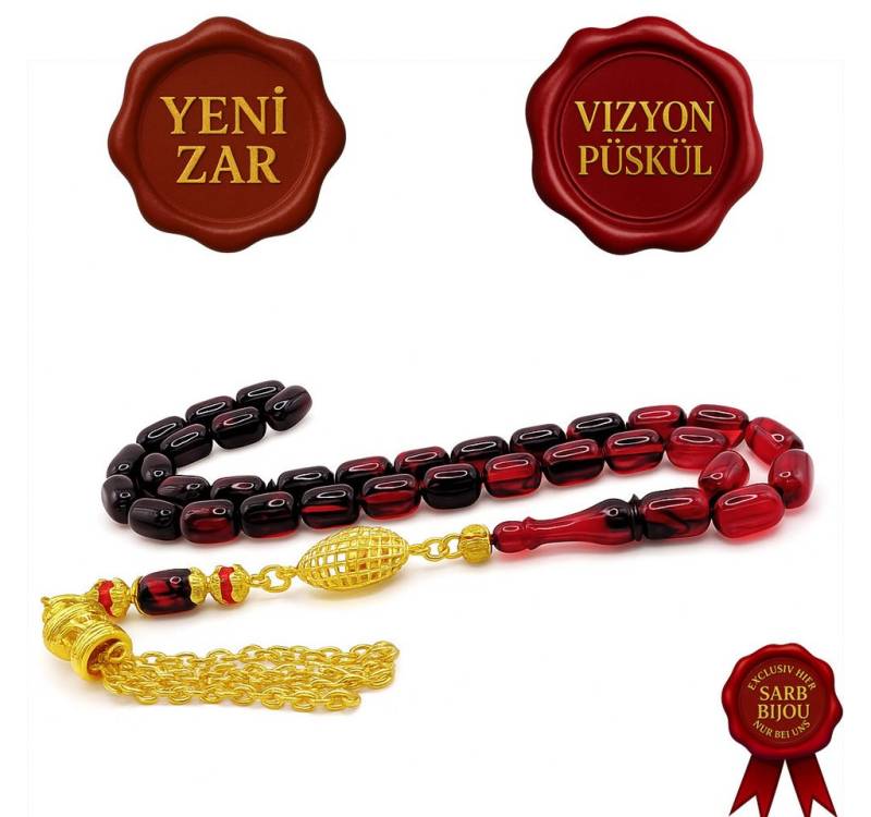 M-Punkt24 Kettenanhänger Tesbih Tespih (Rot - Schwarz, Kirmizi - Siyah, 7x11mm, Kapsül, Gebetskette, Subha, Misbah, inkl. Etui), Vizyon Püskül Gold-Farbig von M-Punkt24