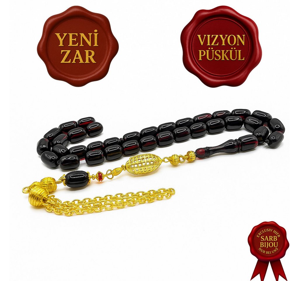 M-Punkt24 Kettenanhänger Tesbih Tespih (Rot - Schwarz, Kirmizi - Siyah, 7x11mm, Kapsül, Gebetskette, Subha, Misbah, inkl. Etui), Vizyon Püskül Gold-Farbig von M-Punkt24