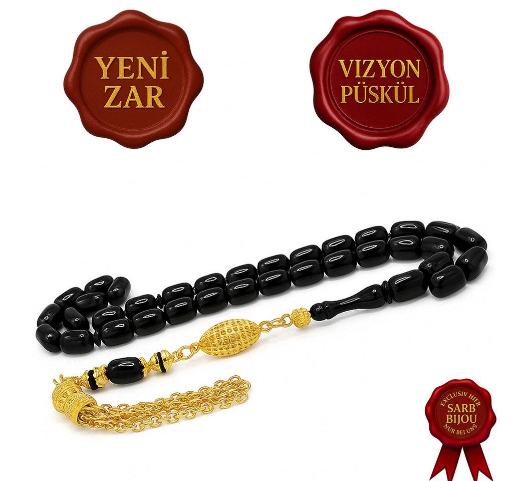 M-Punkt24 Kettenanhänger Tesbih Tespih (Schwarz, Siyah, Kapsül, 7x11mm, Kapsül, Gebetskette, Subha, Misbah, inkl. Etui), Vizyon Püskül Gold-Farbig von M-Punkt24