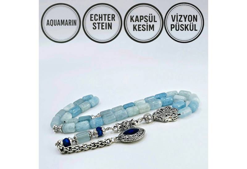 M-Punkt24 Kettenanhänger Tesbih Tespih Echte Steine Gebetskette Misbaha Rosary (Aquamarin), Echte Steine von M-Punkt24