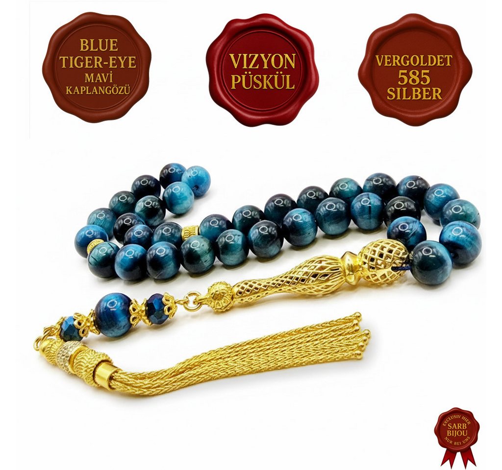 M-Punkt24 Kettenanhänger Tesbih Tespih Echte Steine Gebetskette Misbaha Rosary (Mavi Kaplangözü Blue Tigereye, Vizyon Püskül, Echt-Silber, 585 Vergoldet), Echte Steine von M-Punkt24