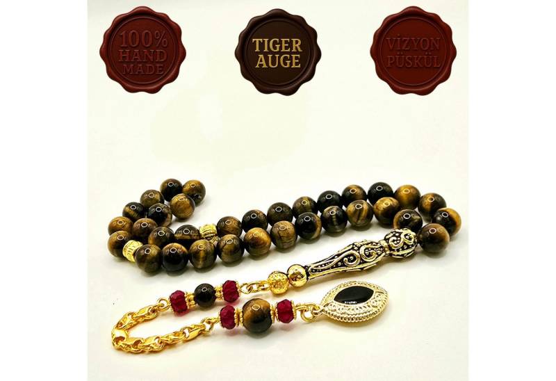M-Punkt24 Kettenanhänger Tesbih Tespih Subha Gebetskette (Tigerauge, Kaplangözü, 8mm), Edelstein von M-Punkt24