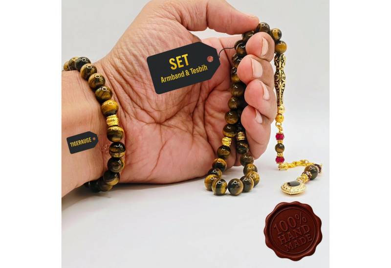 M-Punkt24 Kettenanhänger Tesbih Tespih Subha Gebetskette (Tigerauge, Kaplangözü, 8mm, SET ARMBAND & TESBIH), Edelstein von M-Punkt24