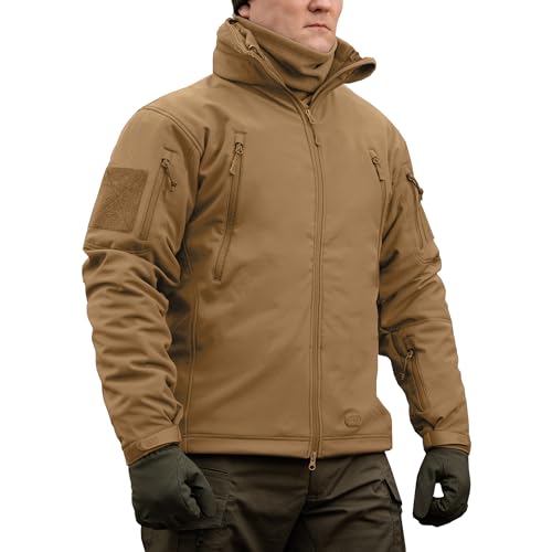 M-Tac Taktische Jacke mit Kapuze, Fleece gefüttert, wasserabweisende Softshelljacke für Herren, Coyote, M von M-Tac