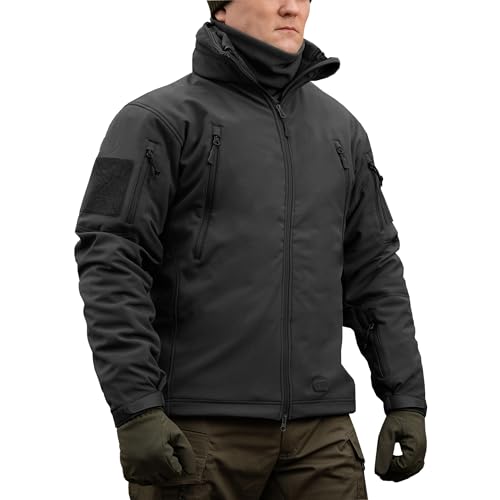 M-Tac Taktische Jacke mit Kapuze, Fleece gefüttert, wasserabweisende Softshelljacke für Herren, Schwarz, L von M-Tac