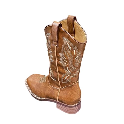M&Catree Damen Cowboystiefel Westernstiefel Bestickte Stiefel mit Blockabsatz Eckige Zehenkappe - Braun (Fleece gefüttert), CN 40 von M&Catree