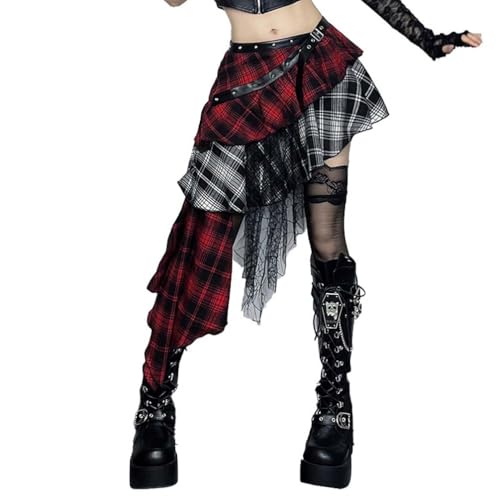 M&Catree Damen Gothic Rock Punk Karo Asymmetrischer Minirock Schwarz-Roter Lagenrock mit Spitze Kurz Steampunk Skirt - Rot, M von M&Catree