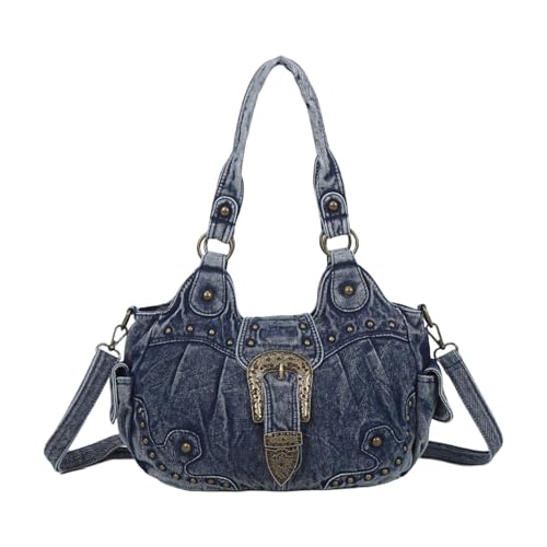 M&Catree Damen Handtasche Schultertasche Hobo Tasche Weiches PU Leder Umhängetaschen Frauen Henkeltaschen für Büro Schule Einkauf - Blau, 28x12x22cm von M&Catree