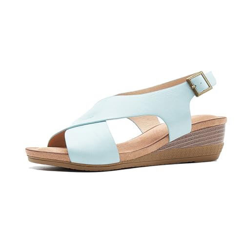 M&Catree Damen Keilsandalen Casual Bequeme Römersandalen Riemchensandalen Sandaletten Espadrilles mit Keilabsatz - Hellblau, CN 35 von M&Catree